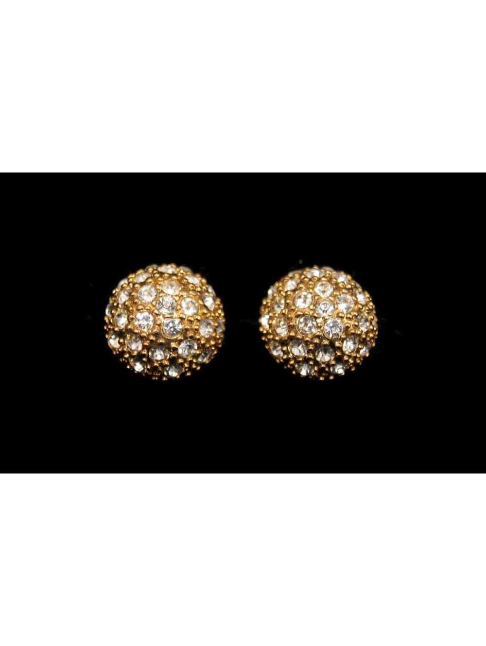 Small Vintage Round Domed Gold Tone and Clear Rhinestones Stud Earrings.